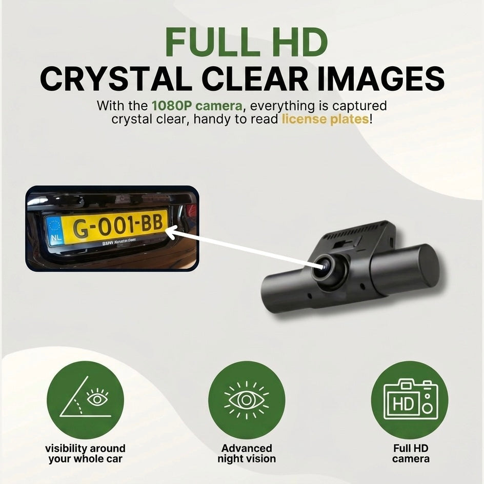 Dashcam a 3 telecamere | 1080P HD | Anteriore, Posteriore e Interno | Modalità Parcheggio Intelligente | Visione Notturna