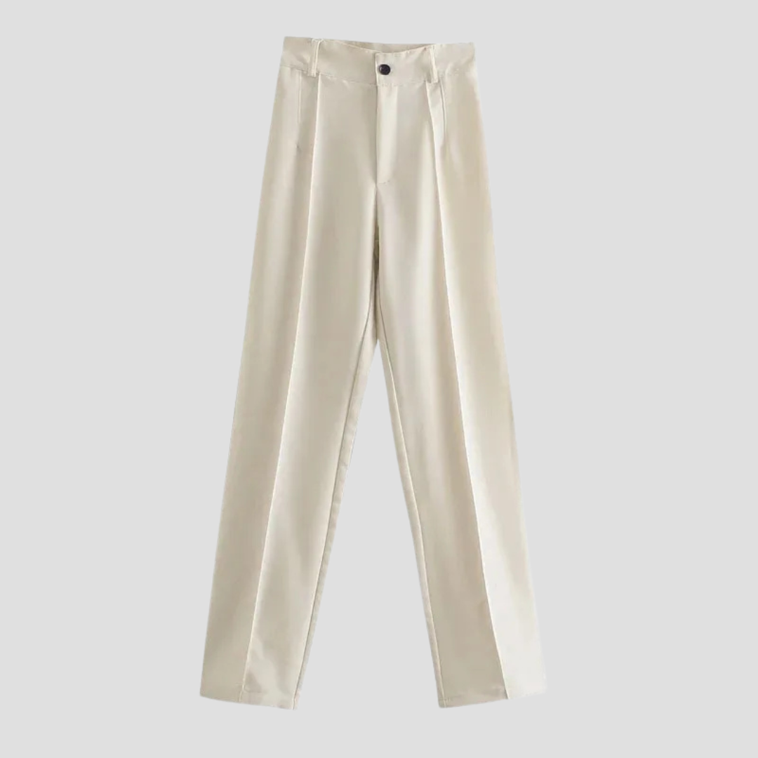 Beige højtaljede bukser med lige ben, knaplukning og lommer. Stilfuldt og moderne design til kvinder. Perfekt til både hverdag og formelle anledninger.