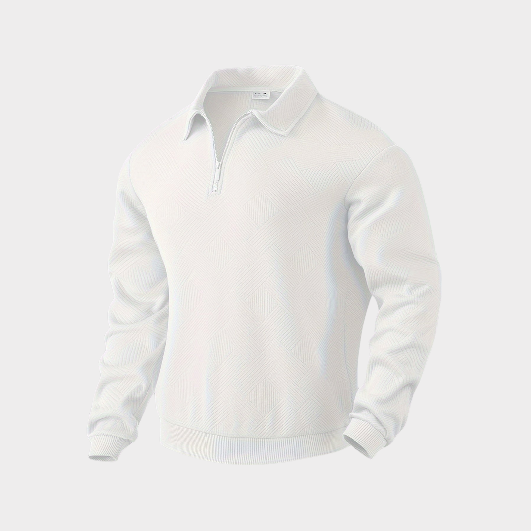 Hvid herretrøje med lynlås og krave, langærmet og mønstret tekstur. Stilfuld og moderne design, perfekt til casual og formelle lejligheder.