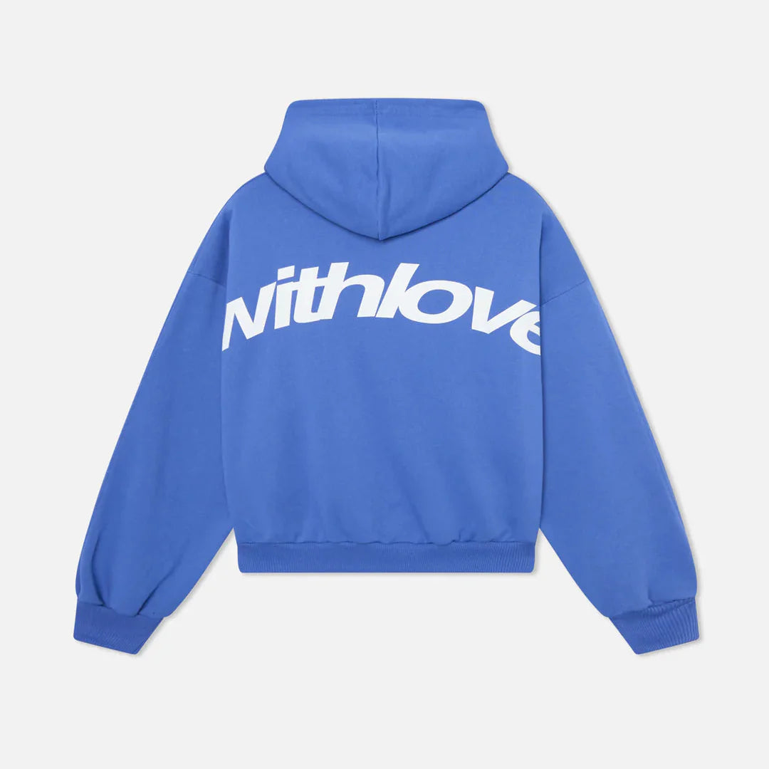 Blå hættetrøje med hvid »withlove«-tekst på ryggen, unisex-design, moderne streetwear, behagelig pasform, populær mode, afslappet stil.