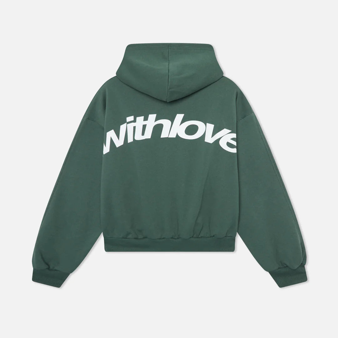 grøn hættetrøje med hvid »withlove«-tekst på ryggen, unisex-design, moderne streetwear, behagelig pasform, populær mode, afslappet stil.