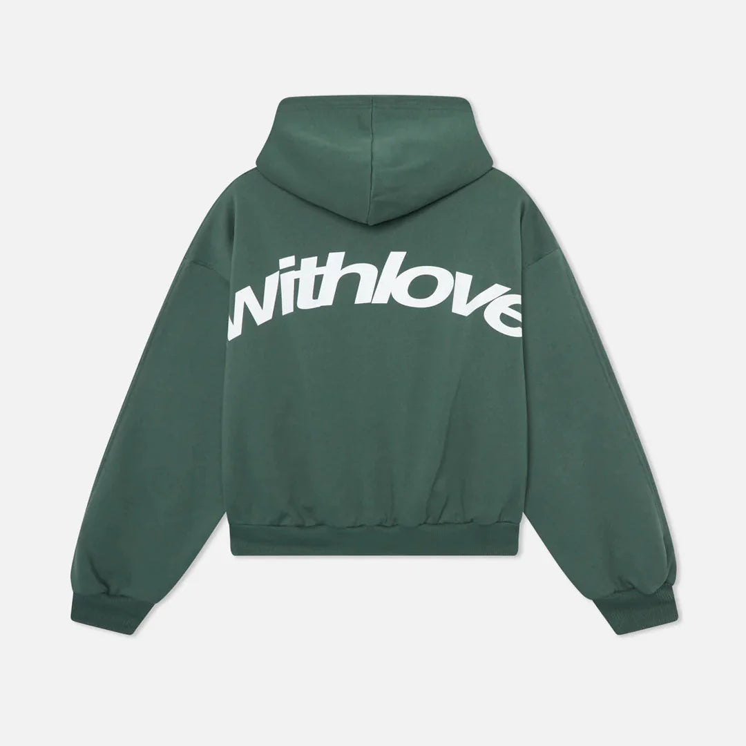 grøn hættetrøje med hvid »withlove«-tekst på ryggen, unisex-design, moderne streetwear, behagelig pasform, populær mode, afslappet stil.
