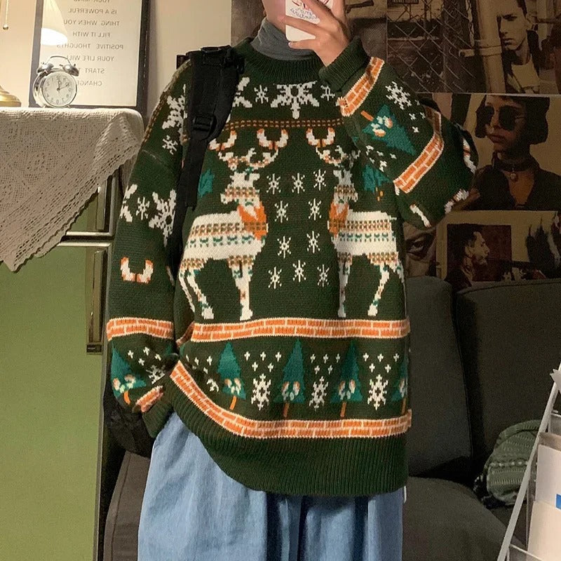Unisex-julesweater med elgmotiv – Strikket trøje med lange ærmer