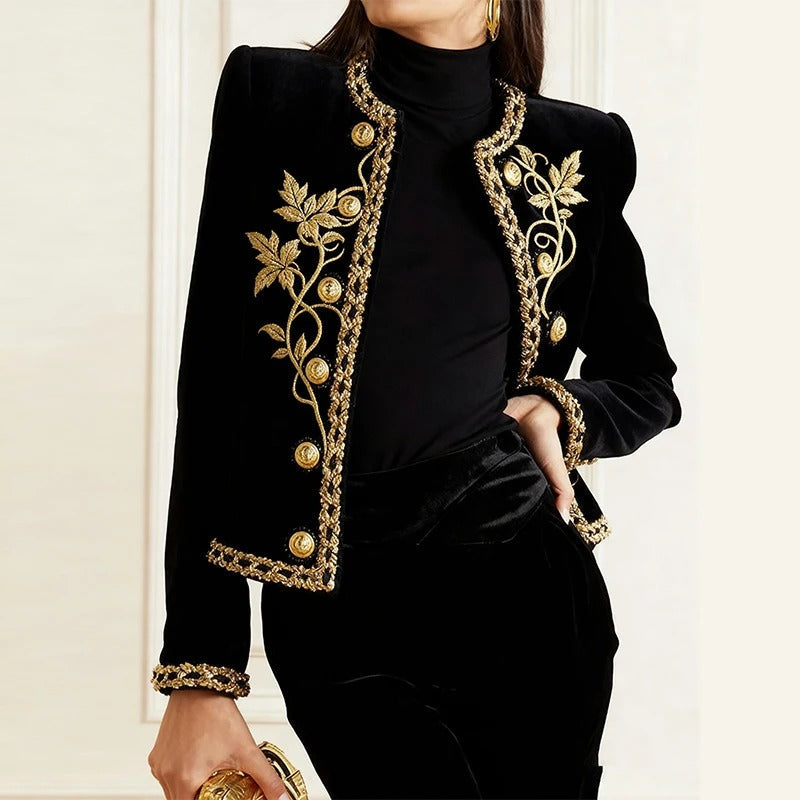 Veste en velours côtelé noire pour femme - manteau à manches longues avec boutons et motifs floraux brodés en doré