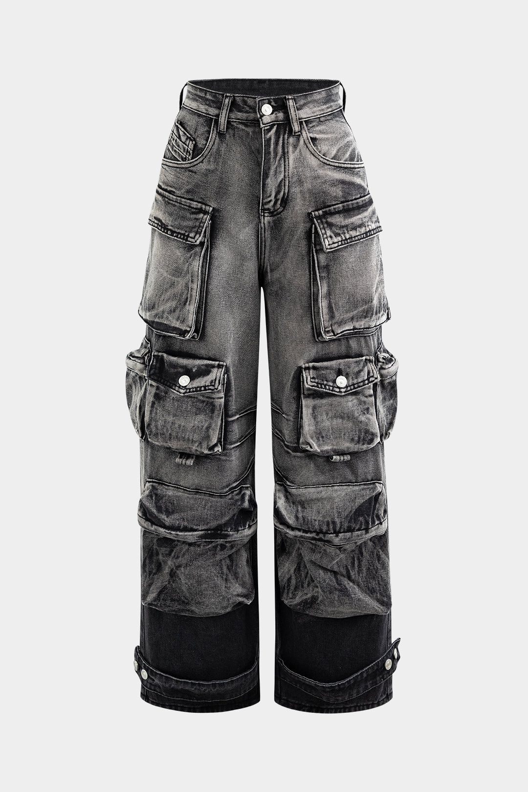 Grå cargo jeans med mange lommer, vintage look, bred pasform. Ideel til streetwear og modeentusiaster. Unisex design, trendy og funktionel.