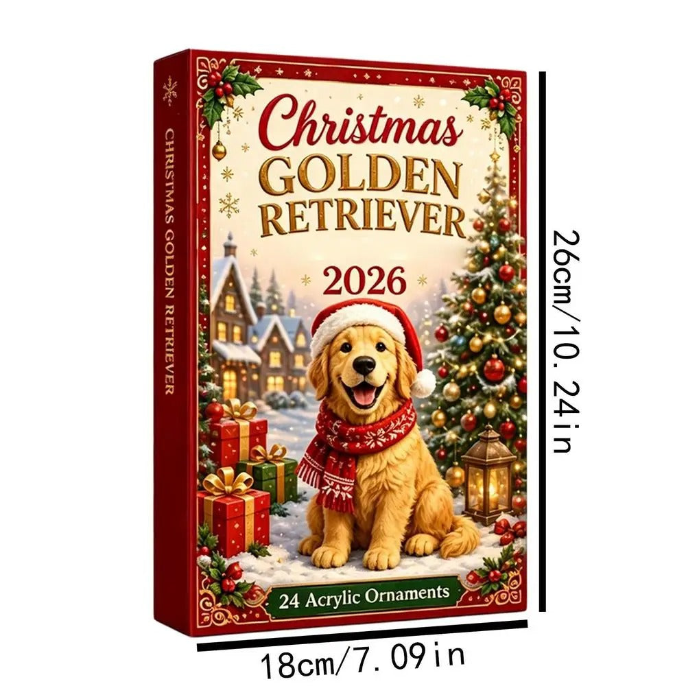 Calendario de Adviento 2026 – Adorno navideño 2D dulce con forma de golden retriever americano (cuenta atrás de 24 días)