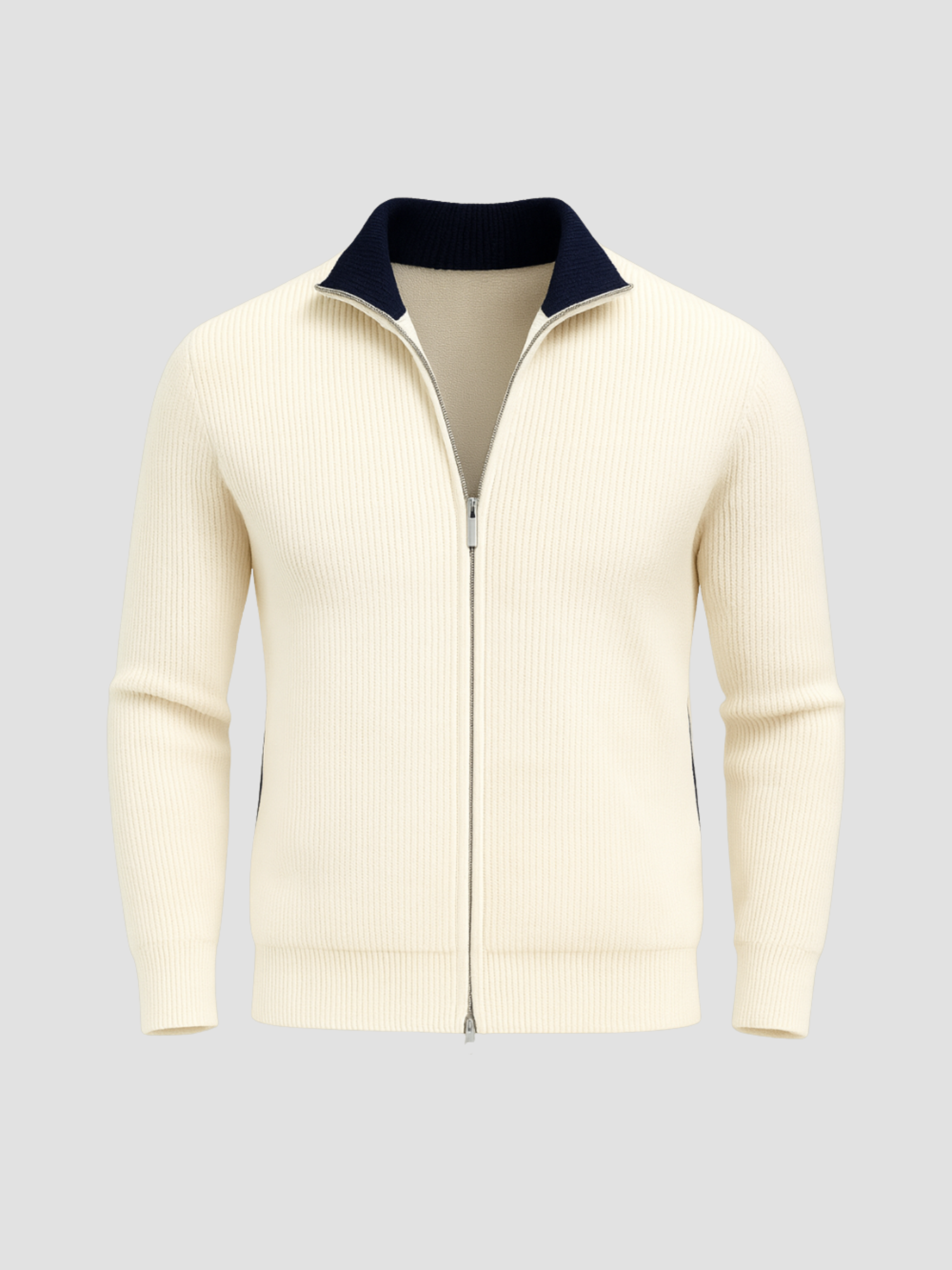 Beige striktrøje med lynlås og mørkeblå krave, ribstrikket design, langærmet. Perfekt til efterårsmode og casual herretøj.
