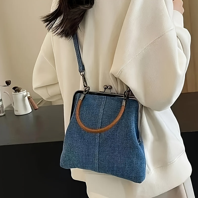 Blue denim bag with frame for women | Brown curved handle