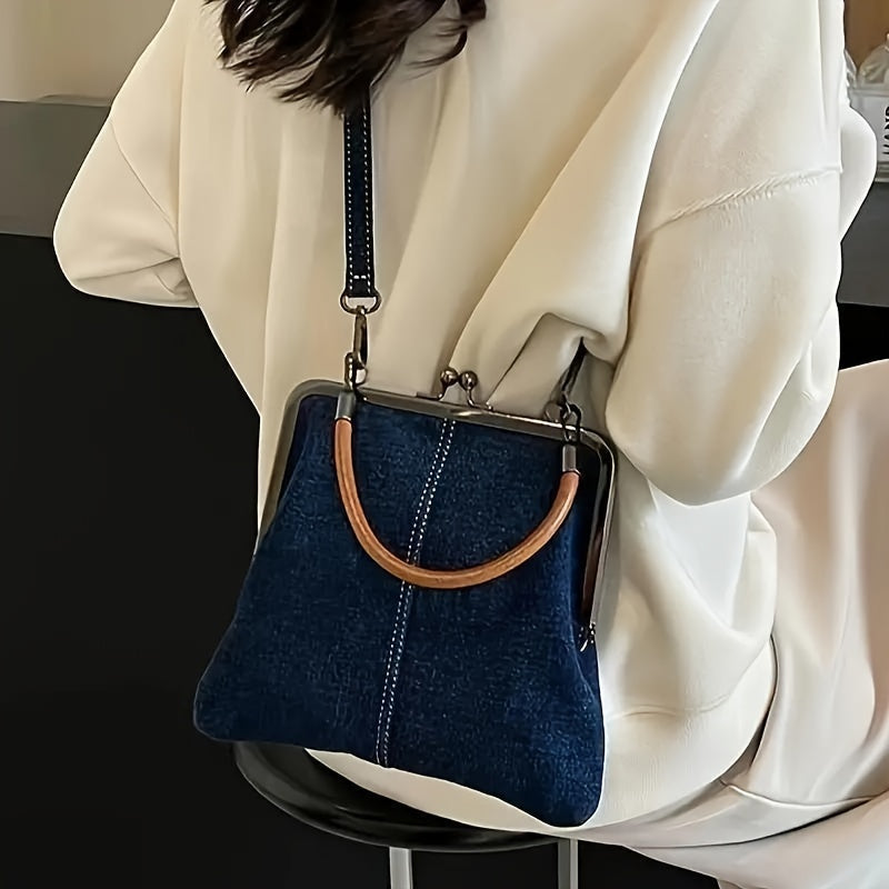 Blue denim bag with frame for women | Brown curved handle