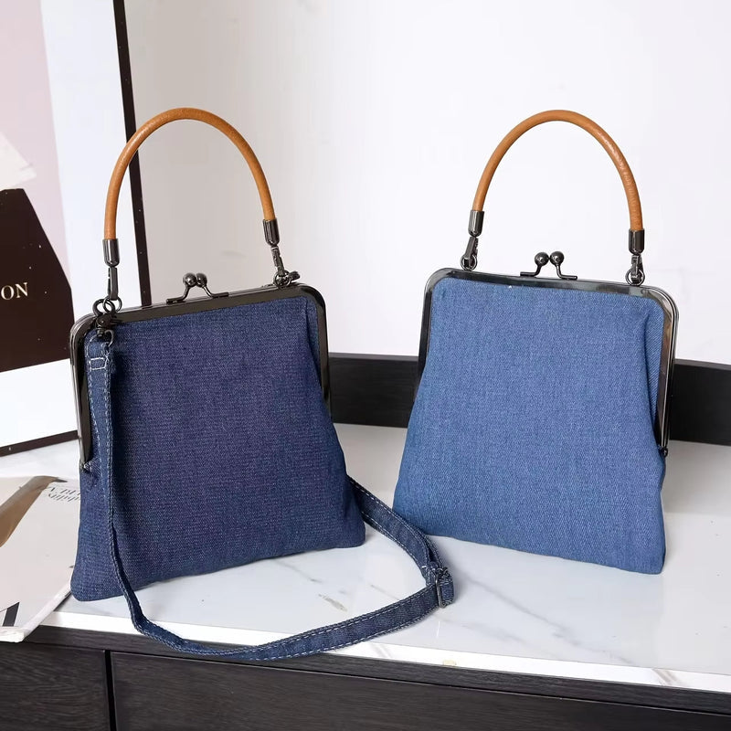 Blue denim bag with frame for women | Brown curved handle