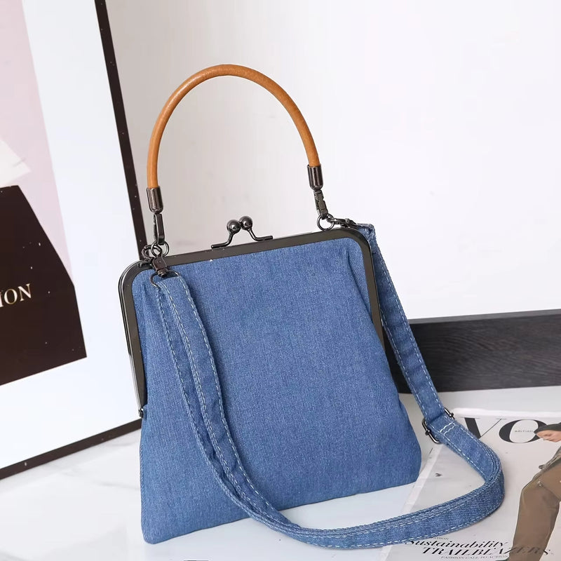Blue denim bag with frame for women | Brown curved handle