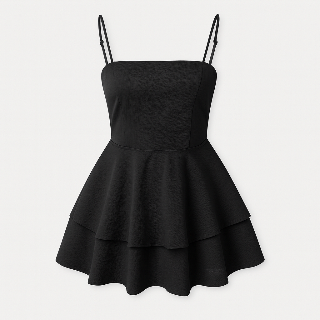 Black mini dress with overlapping ruffles, spaghetti straps and airy cut
