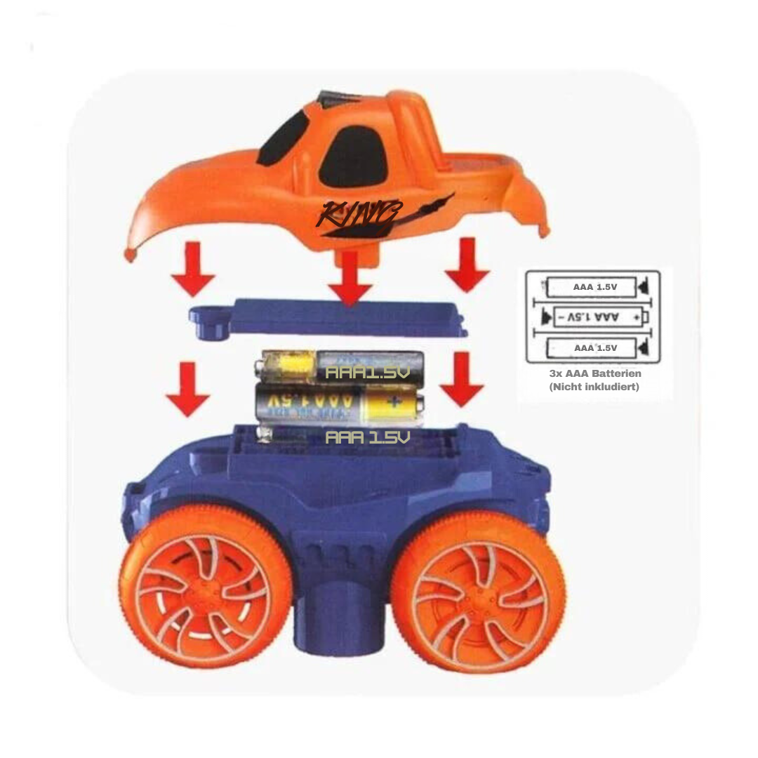 Legetøjsbil med aftagelig orange top, blå bund og batterirum til 3 AAA-batterier. Illustreret samling med pile. Batterier ikke inkluderet.