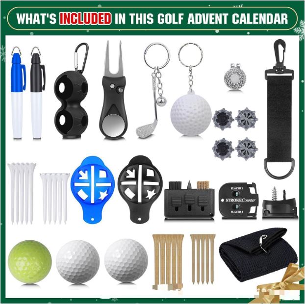 Set regalo con calendario dell’Avvento per il golf | Accessori da golf per ambienti interni e confezione per il conto alla rovescia per golfisti e collezionisti