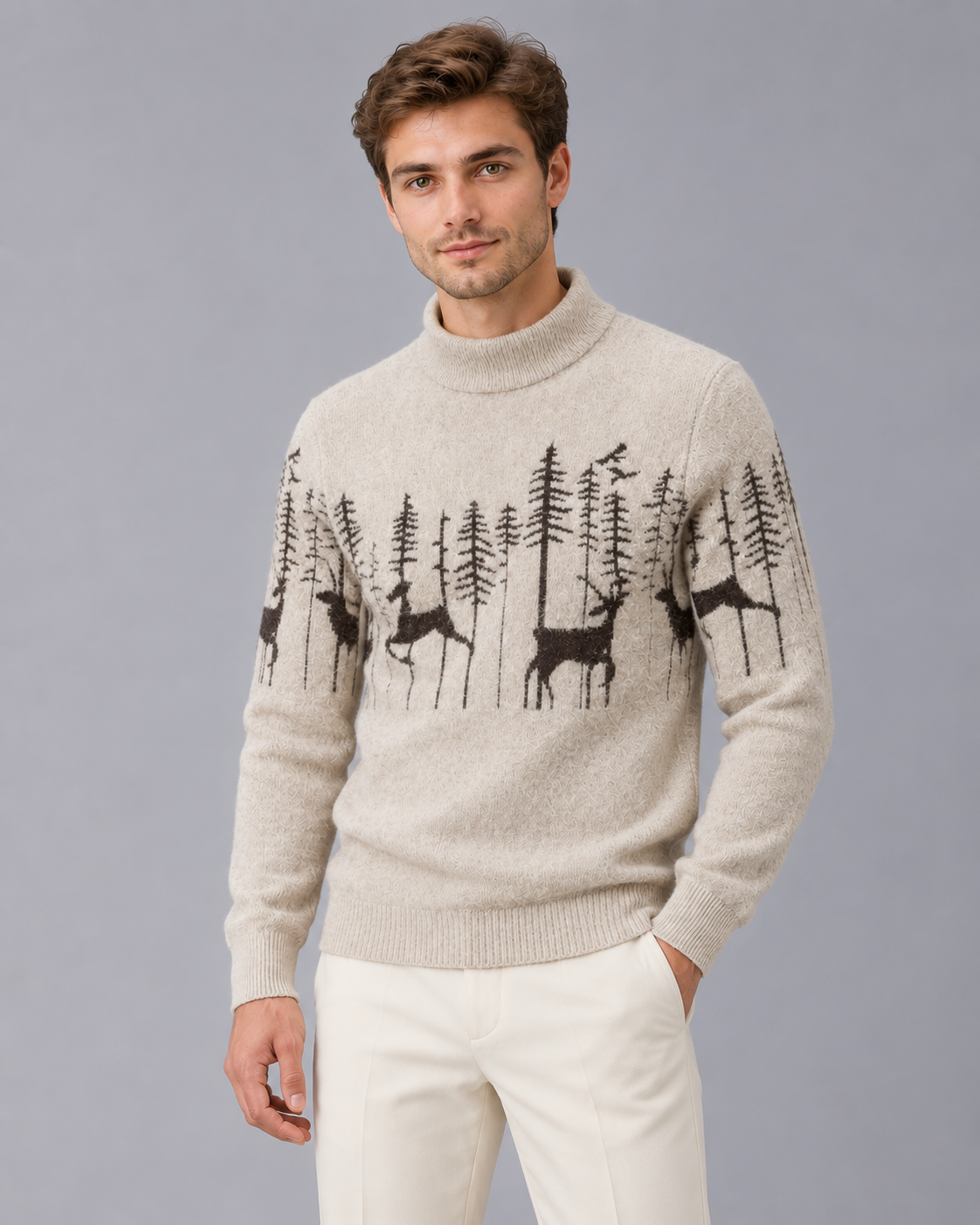 Soft knitted Christmas sweater for men | Festive reindeer mock-neck sweater | Brushed knit holiday sweater for men’s winter