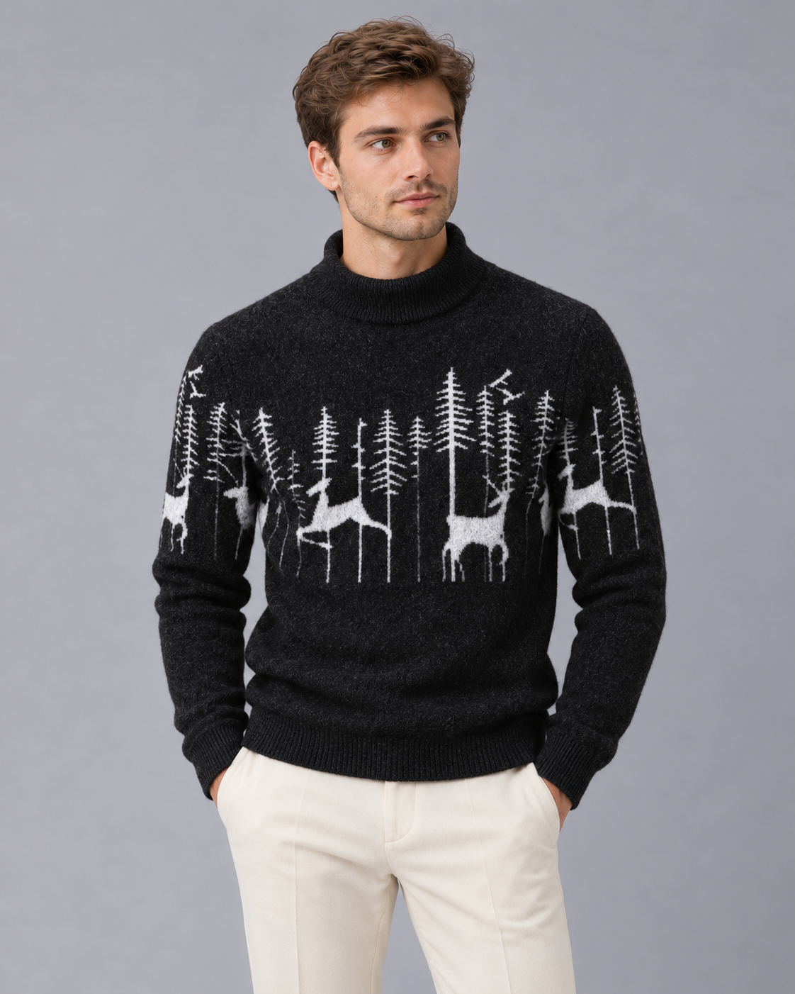 Soft knitted Christmas sweater for men | Festive reindeer mock-neck sweater | Brushed knit holiday sweater for men’s winter