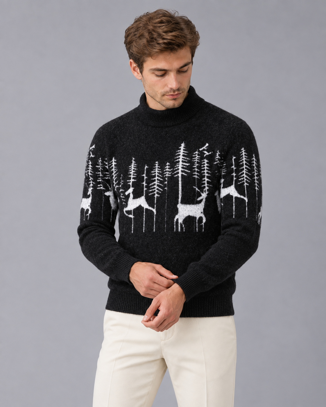 Soft knitted Christmas sweater for men | Festive reindeer mock-neck sweater | Brushed knit holiday sweater for men’s winter