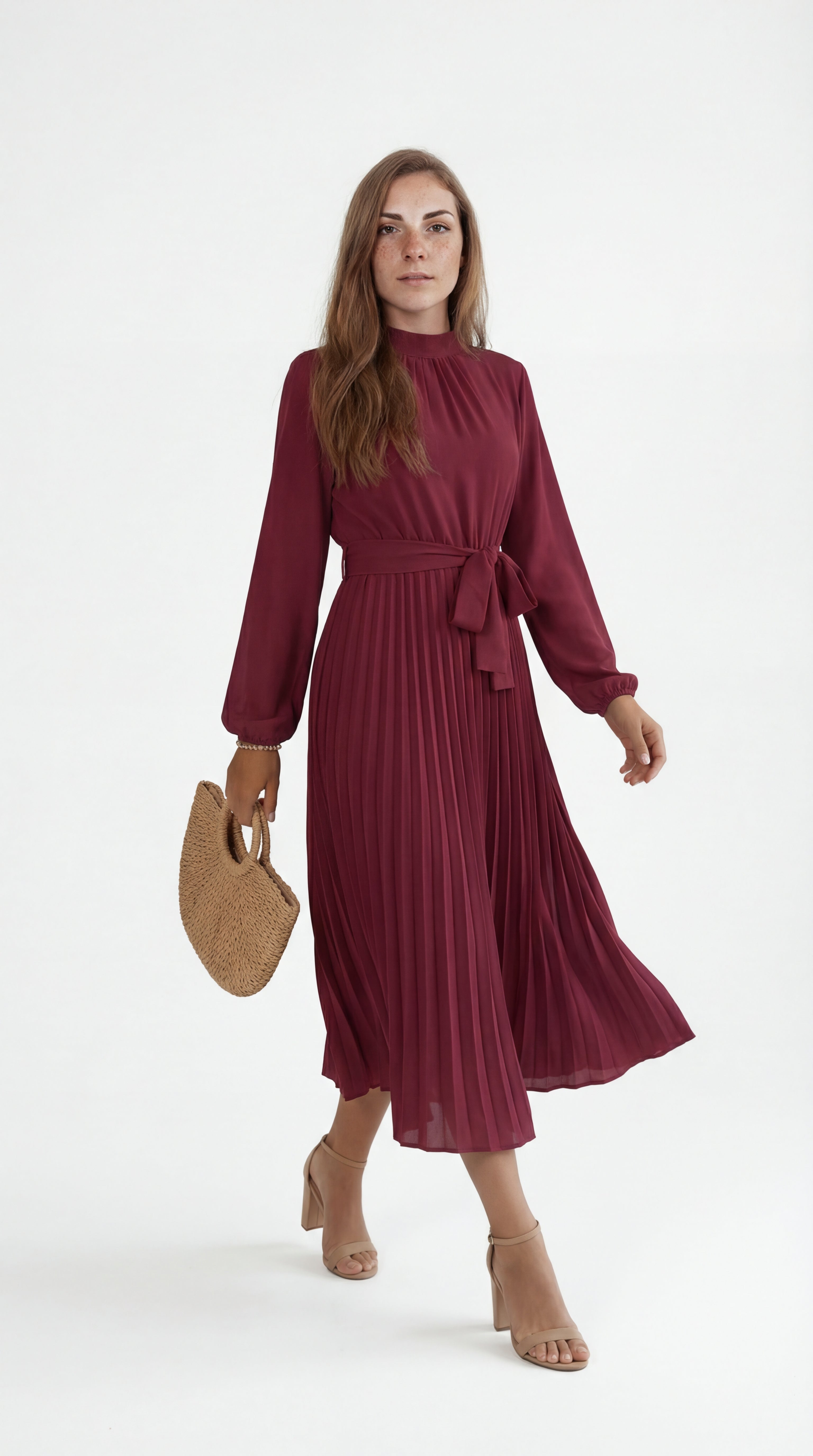 Rochie midi plisată pentru femei cu curea în talie