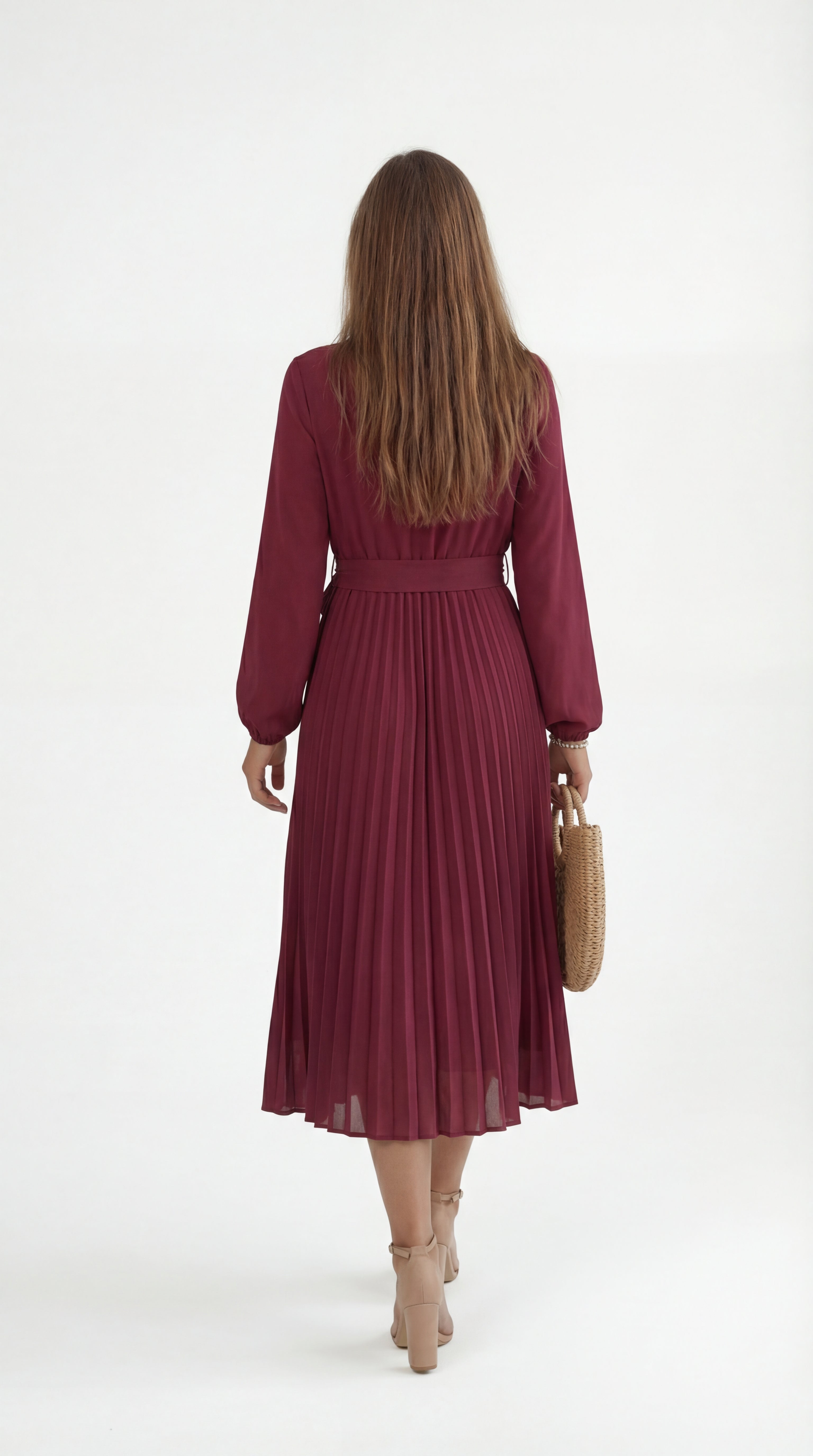 Rochie midi plisată pentru femei cu curea în talie