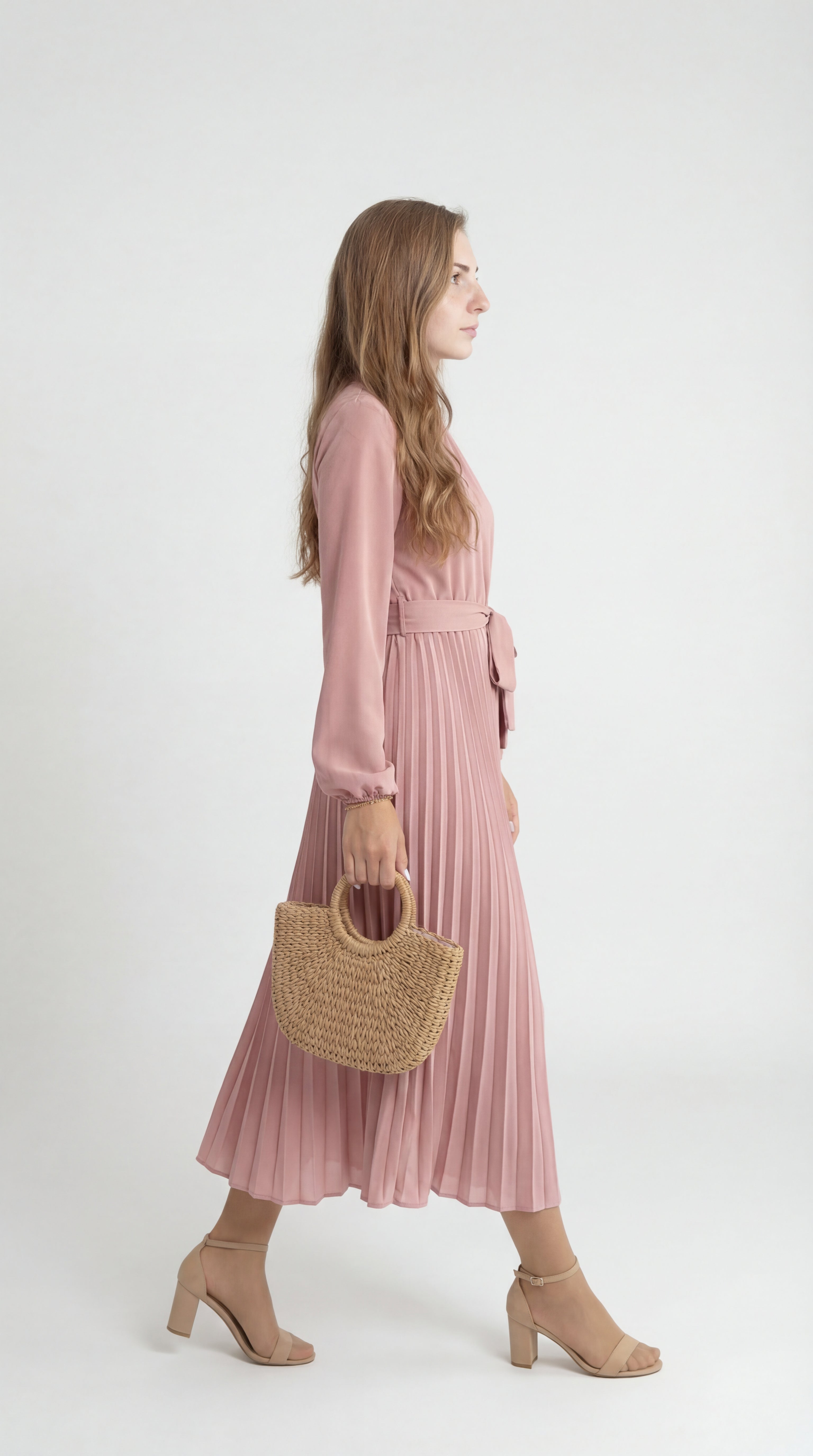 Rochie midi plisată pentru femei cu curea în talie