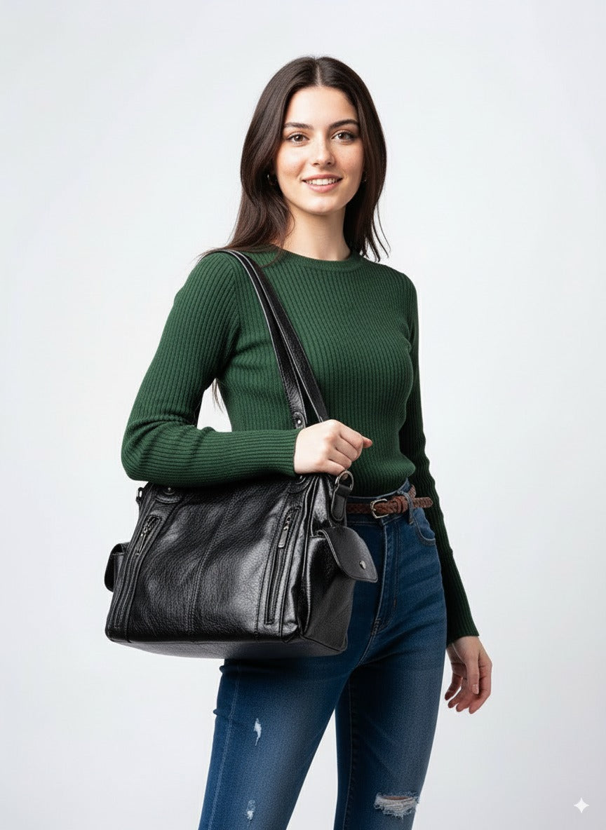Kvinde i grøn trøje og jeans bærer en sort lædertaske. Mode, stilfuld håndtaske, moderne kvindetøj, casual look.