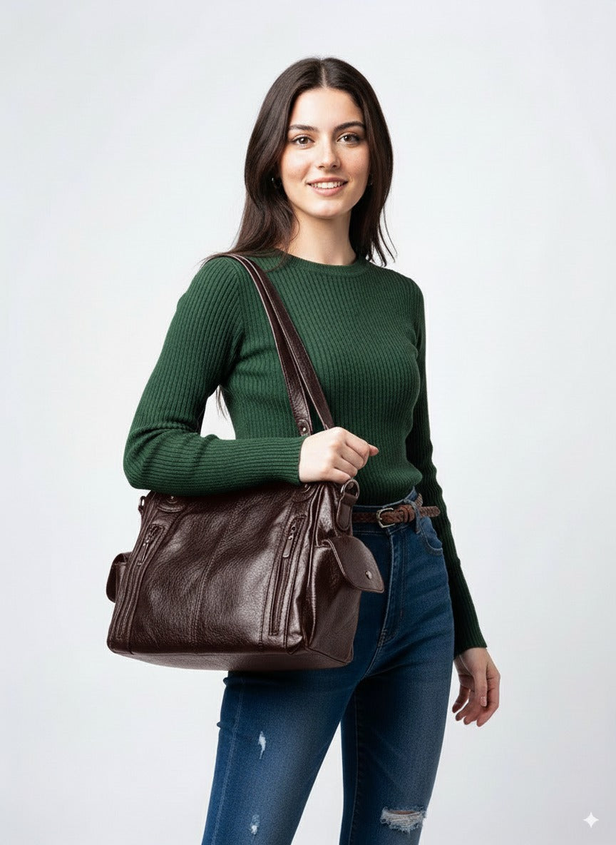 Kvinde med mørkebrunt læderhåndtaske, iført grøn sweater og jeans. Mode, stilfuldt tilbehør, moderne kvindemode, casual look.