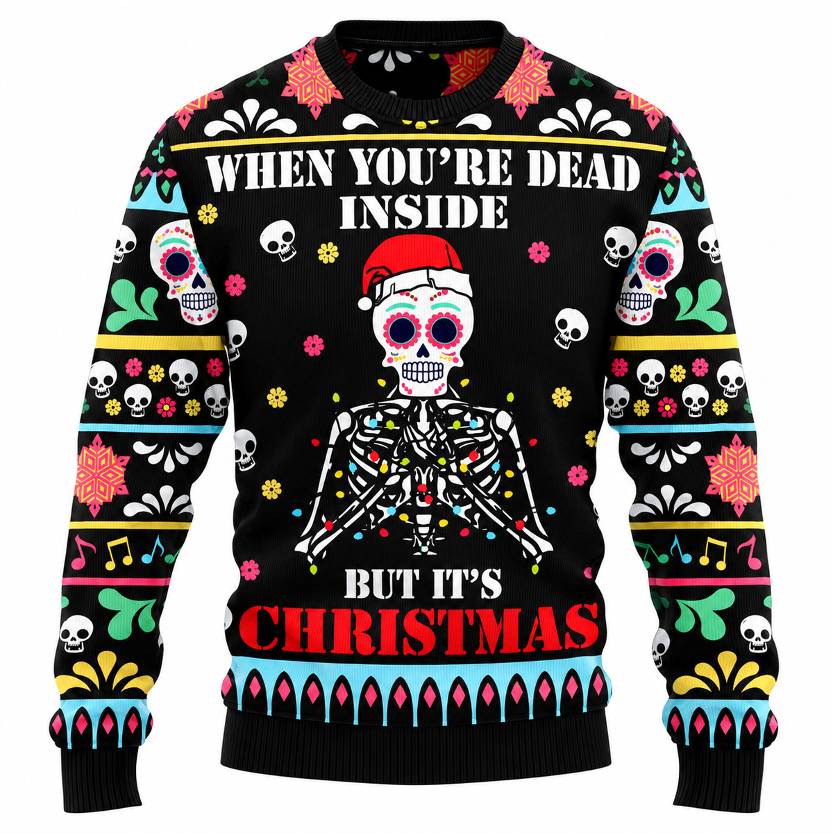 Camisola de Natal unissexo - camisola com motivo de árvore de Natal feita de caveiras, gorro de Pai Natal e flocos de neve