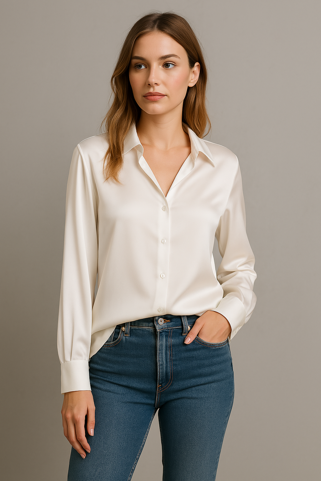 Kvinde iført hvid silkeskjorte og blå jeans, står mod grå baggrund. Elegant mode, afslappet stil, moderne kvindetøj, minimalistisk look.