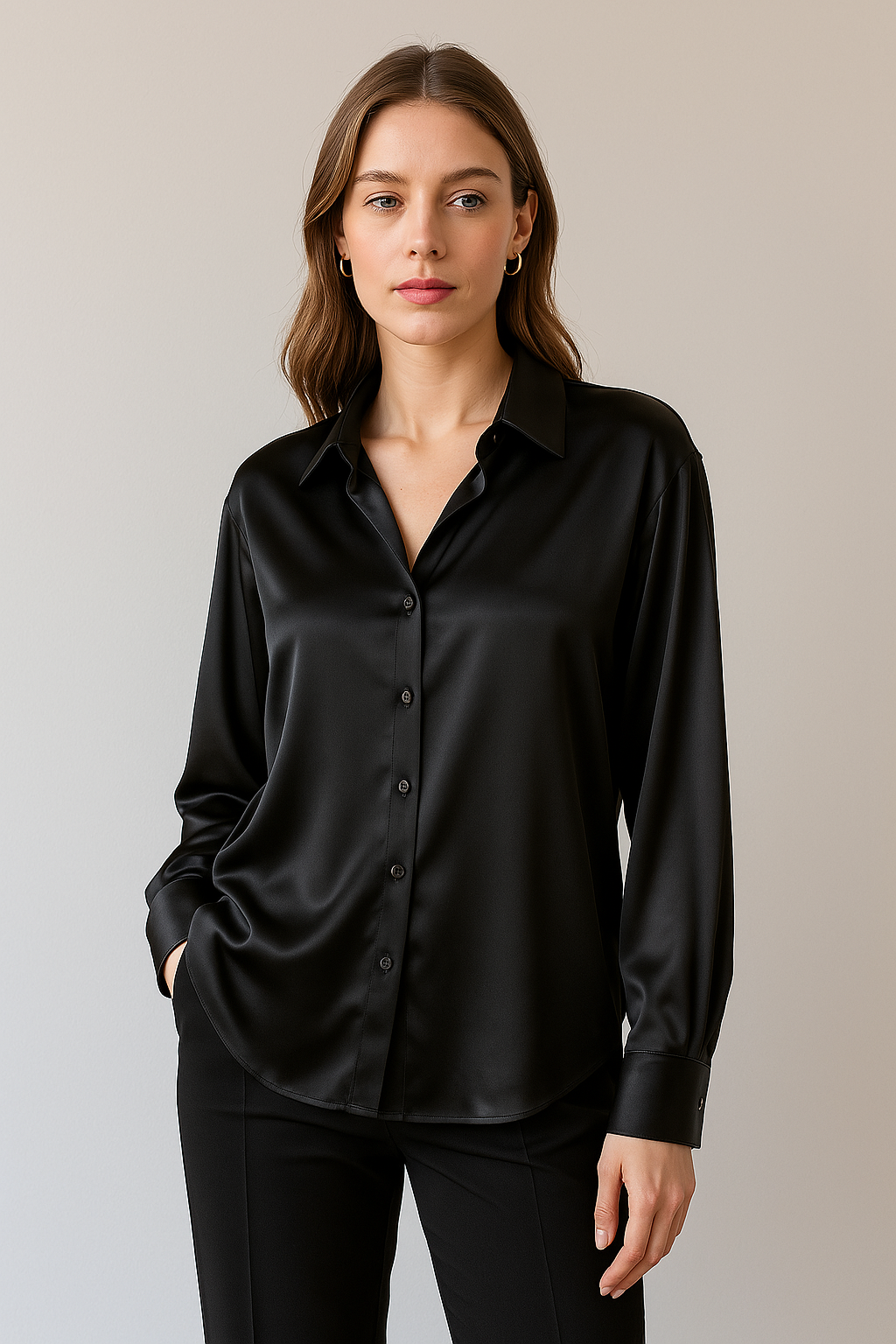 Kvinde iført sort silkeskjorte og sorte bukser, står mod neutral baggrund. Elegant og stilfuldt outfit, perfekt til kontor eller formelle lejligheder.