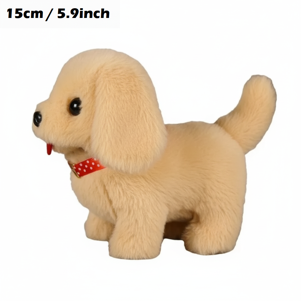 Beige plyslegetøj hund med rød prikket halsbånd, 15 cm høj. Perfekt til børn, blød og krammevenlig. Populært valg til gaver og dekoration.