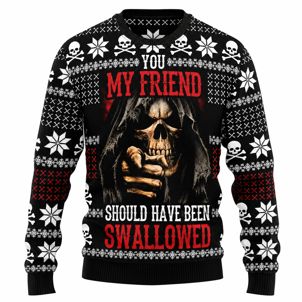 Camisola de Natal unissexo - camisola com motivo de árvore de Natal feita de caveiras, gorro de Pai Natal e flocos de neve
