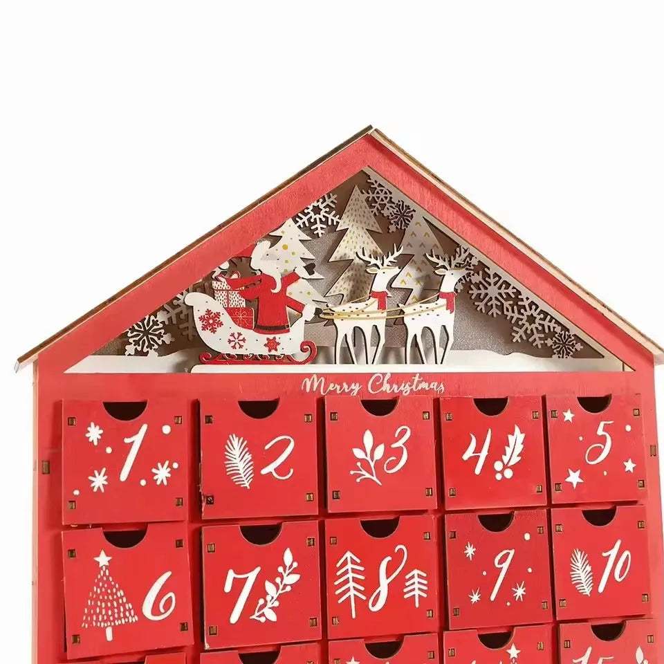 Calendario dell’Avvento in legno con 24 cassetti - Conto alla rovescia natalizio fai da te con illuminazione, 30 x 6,3 x 39 cm