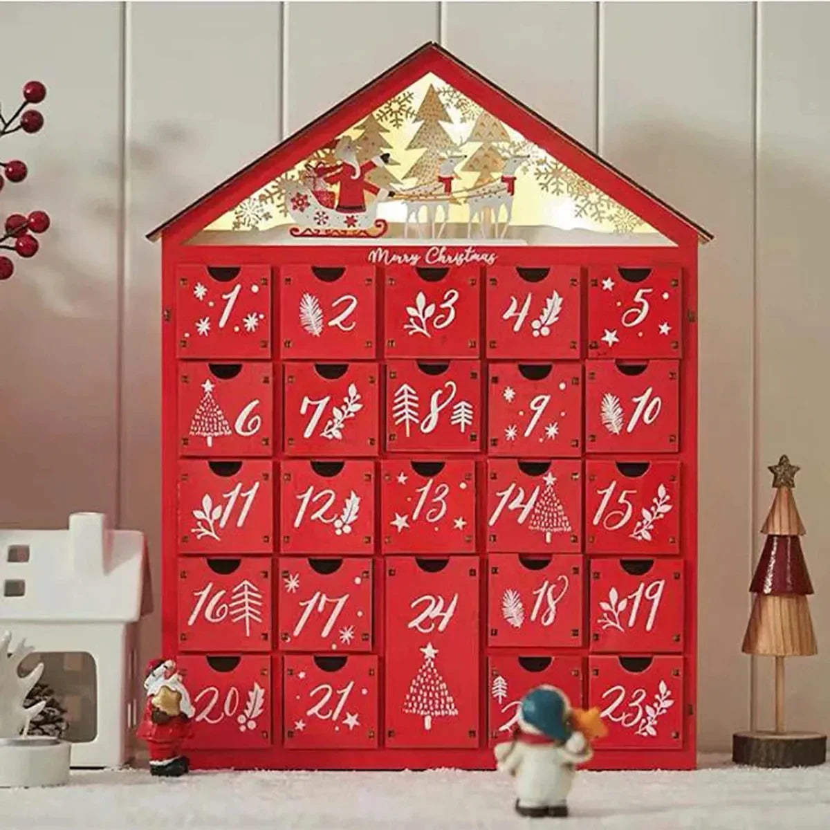 Calendario dell’Avvento in legno con 24 cassetti - Conto alla rovescia natalizio fai da te con illuminazione, 30 x 6,3 x 39 cm