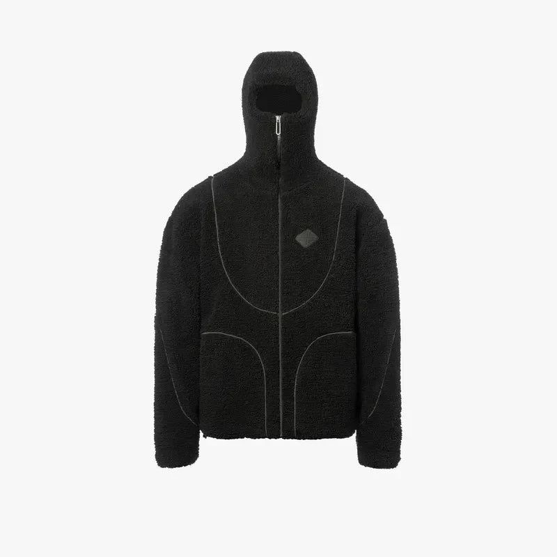 Sort fleecejakke med hætte og lynlås, moderne design, varm og stilfuld, perfekt til vintermode. Komfortabel og trendy overtøj til mænd og kvinder.