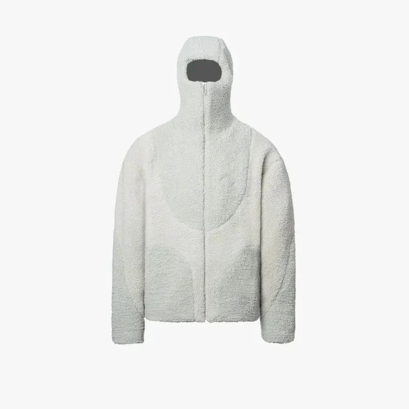 Hvid fleecejakke med hætte og lynlås, minimalistisk design, unisex vinterjakke, varm og stilfuld, perfekt til koldt vejr.
