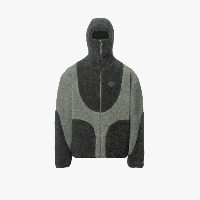 Grå og sort fleecejakke med hætte og lynlås, futuristisk design, unisex, varm og stilfuld, perfekt til vintermode og udendørs aktiviteter.