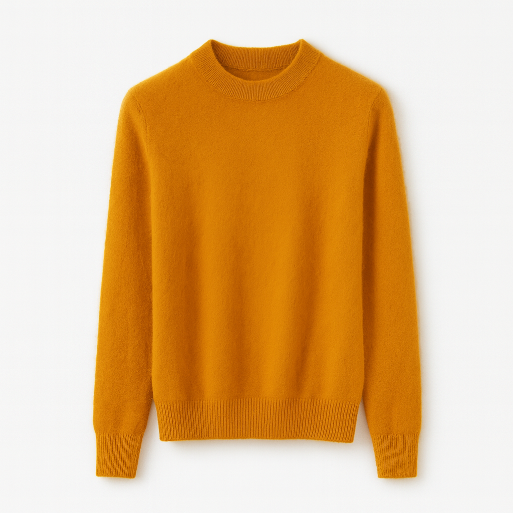 Gul uldtrøje med rund hals og ribkanter, minimalistisk design. Perfekt til efterår og vinter. Komfortabel og stilfuld beklædning.