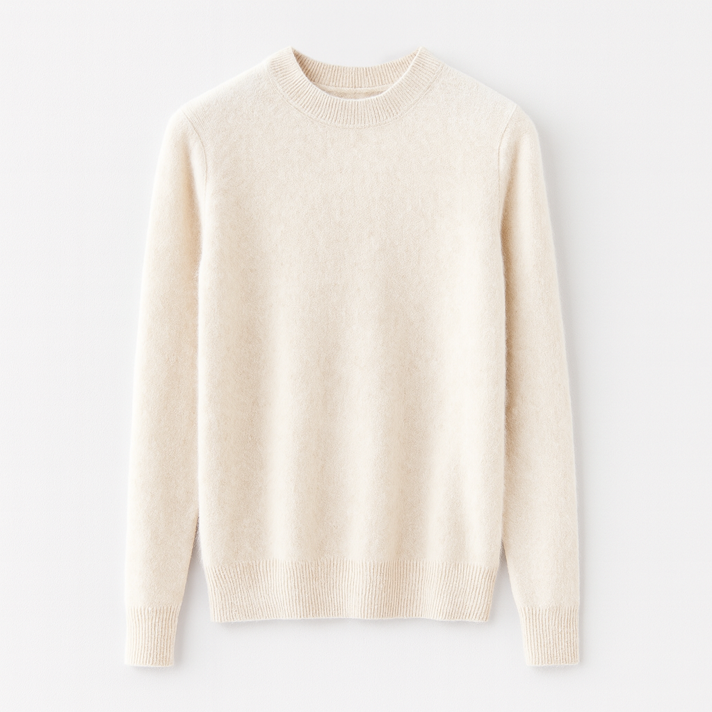 Beige uldtrøje til mænd, rund hals, lange ærmer, minimalistisk design, blød tekstur, perfekt til vintermode, stilfuld og varm beklædning.