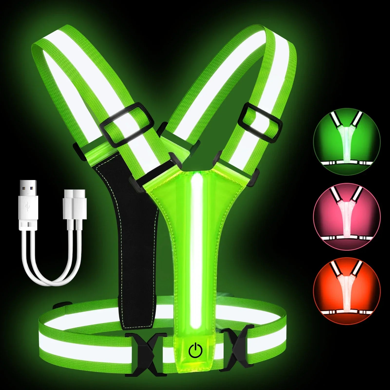 Refleksvest med LED-lys i grøn, rød og pink til løb og cykling. Justerbar, genopladelig via USB. Sikkerhedsudstyr til nataktiviteter.