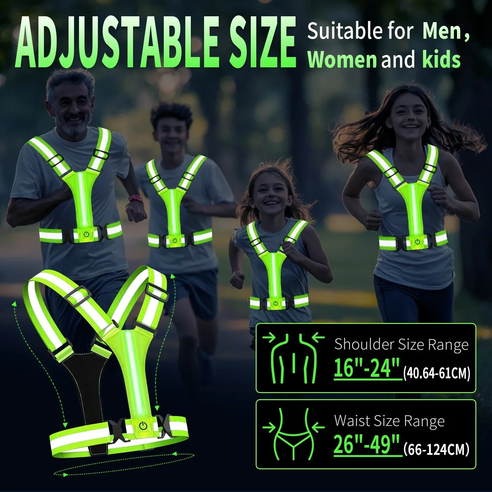 Løbevest med justerbar størrelse, reflekterende sikkerhedsvest til mænd, kvinder og børn. Skulderstørrelse 40,64-61 cm, taljestørrelse 66-124 cm.