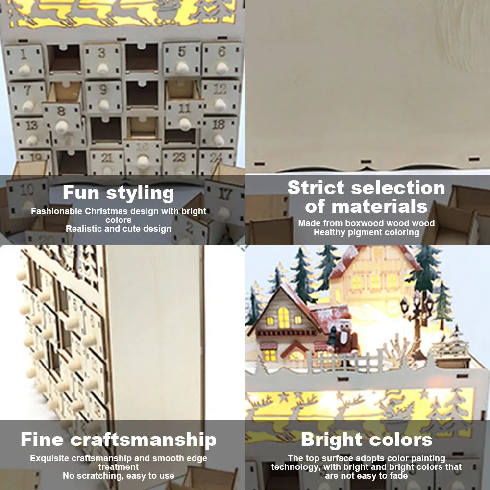 Wooden Advent calendar - 24 compartments with warm LED lights & Christmas atmosphere