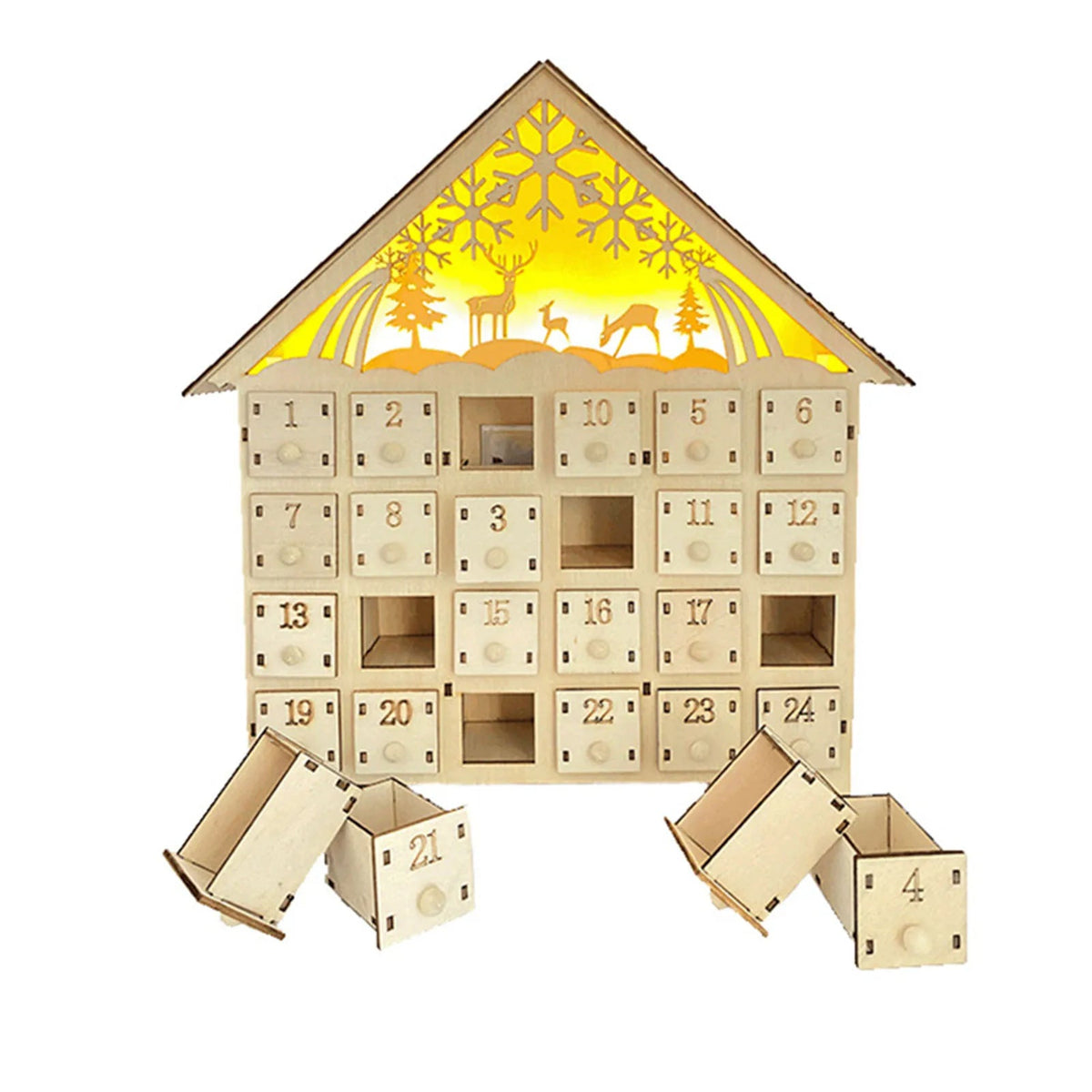 Wooden Advent calendar - 24 compartments with warm LED lights & Christmas atmosphere