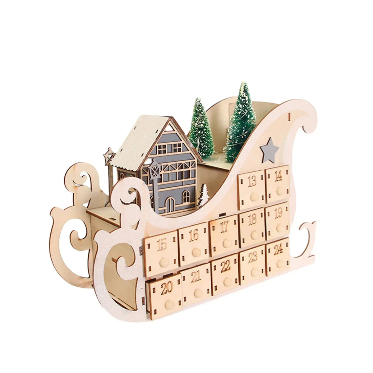 Wooden Advent calendar - 24 compartments with warm LED lights & Christmas atmosphere