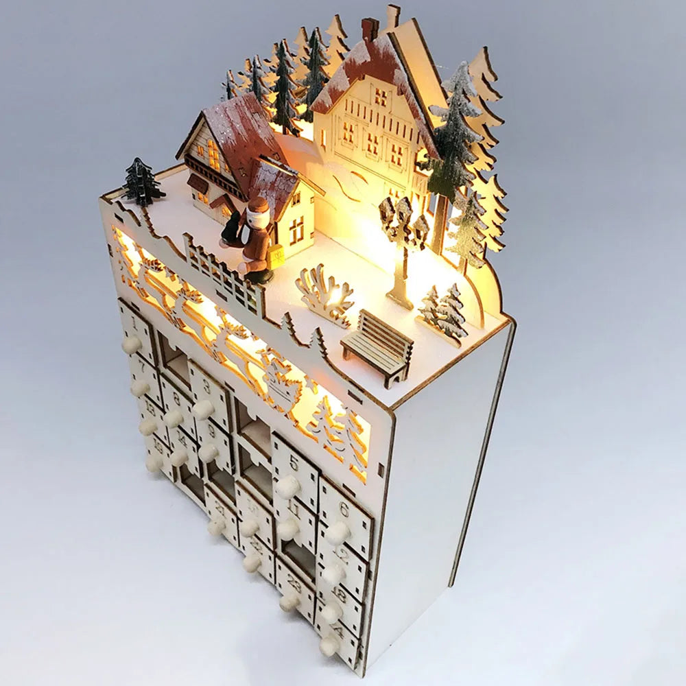 Wooden Advent calendar - 24 compartments with warm LED lights & Christmas atmosphere