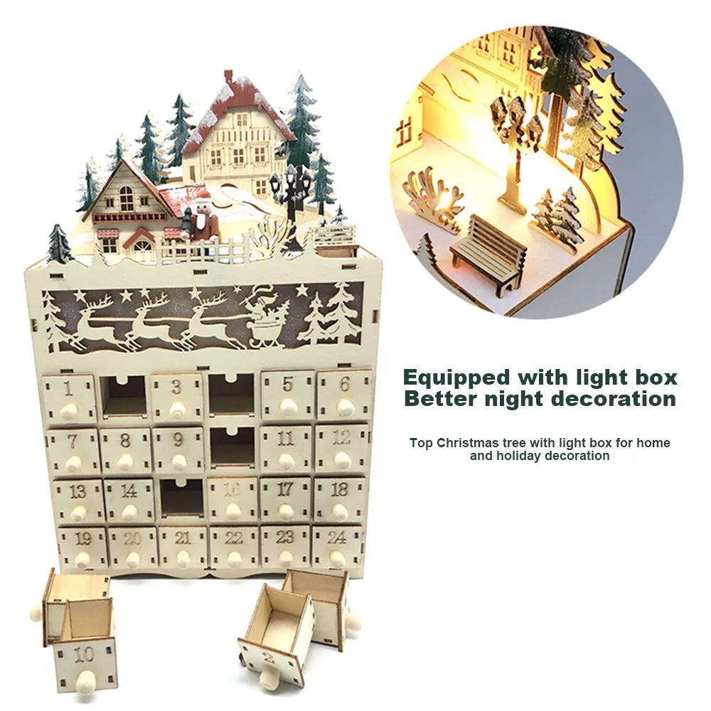 Wooden Advent calendar - 24 compartments with warm LED lights & Christmas atmosphere