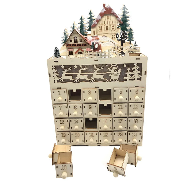 Wooden Advent calendar - 24 compartments with warm LED lights & Christmas atmosphere