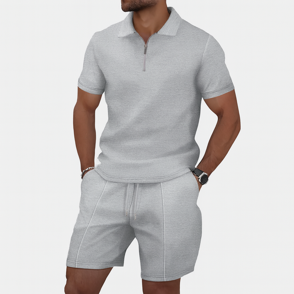 summer waffle solid color zipper lapel short-sleeved set with shorts
