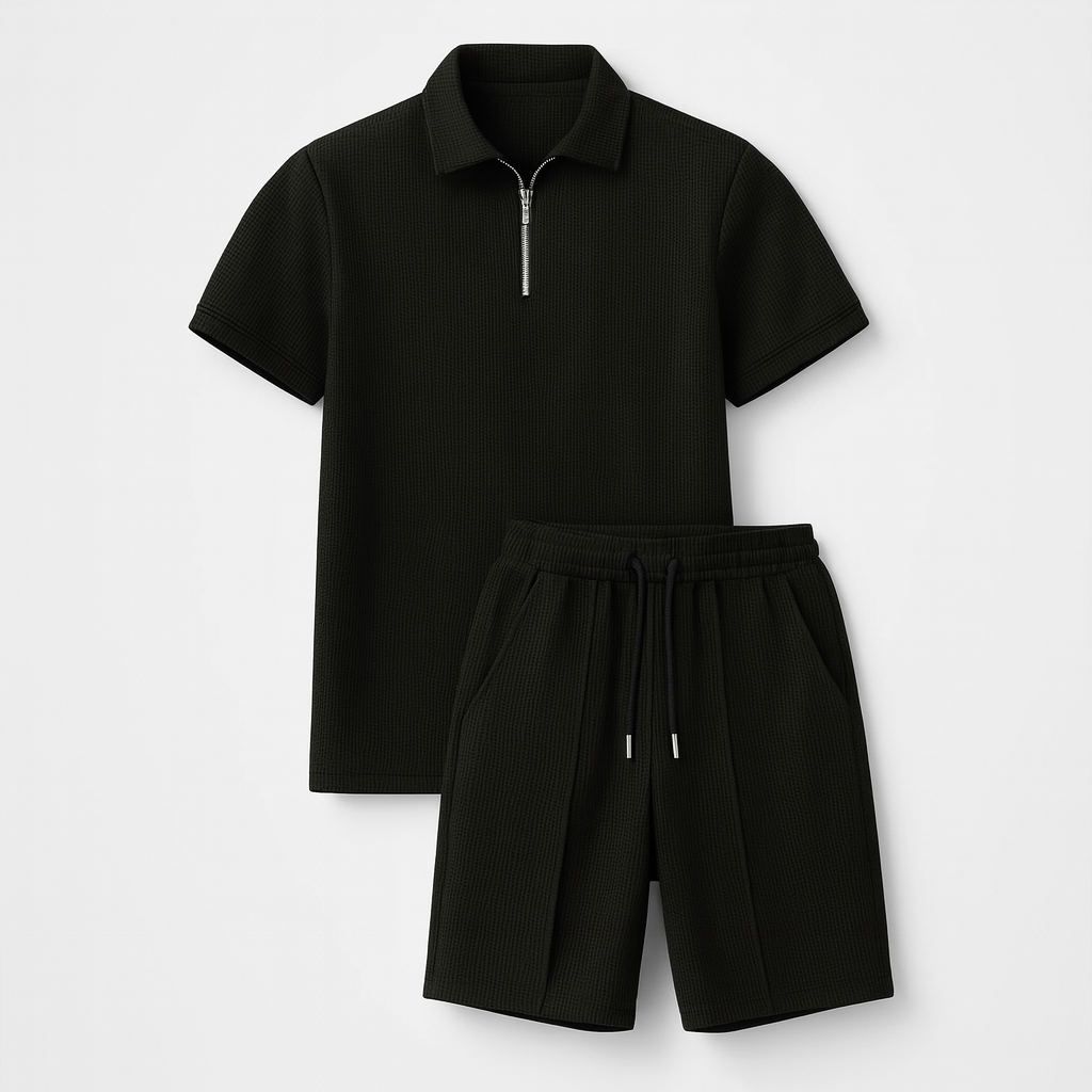 Black summer waffle solid color zipper lapel short-sleeved set with shorts