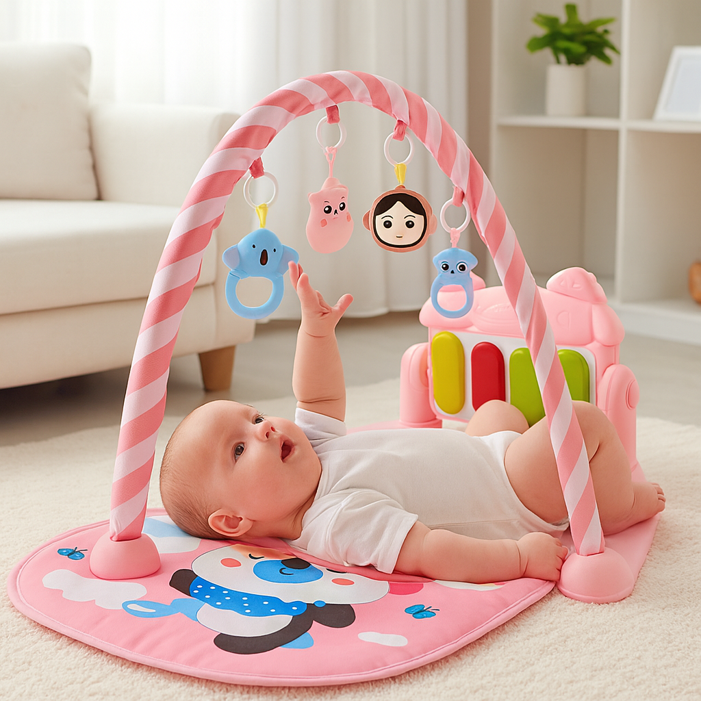 Baby på legetæppe med lyserød aktivitetsbue og hængende legetøj, herunder dyr og ansigt, i stue. Perfekt til babyudvikling og leg.