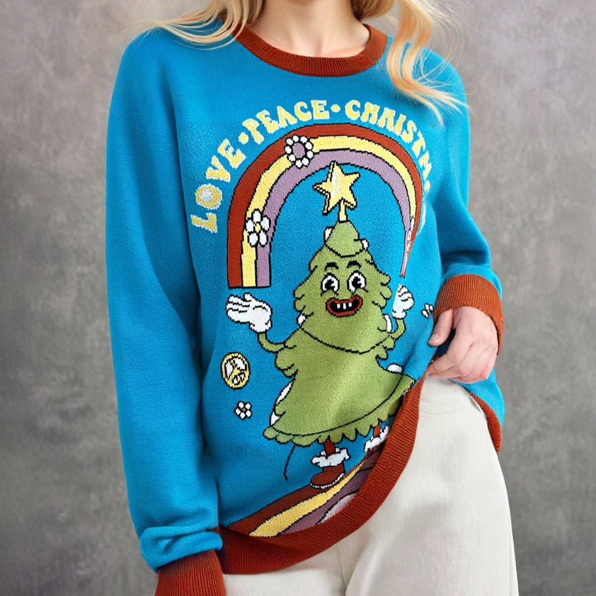 Maglione natalizio divertente – Maglione lavorato a maglia color blu pavone con albero di Natale dei cartoni animati